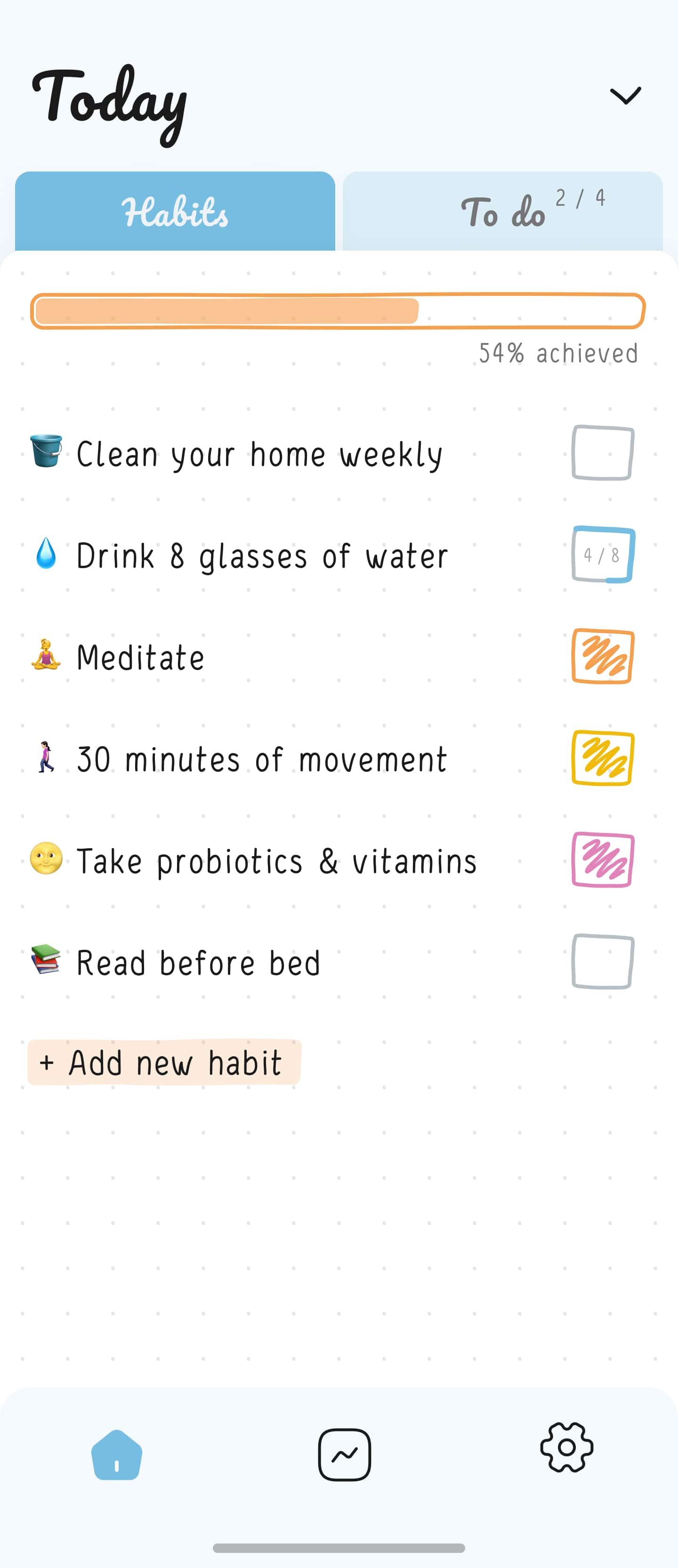 Home screen of Hizo app with habits list and progress for one day.