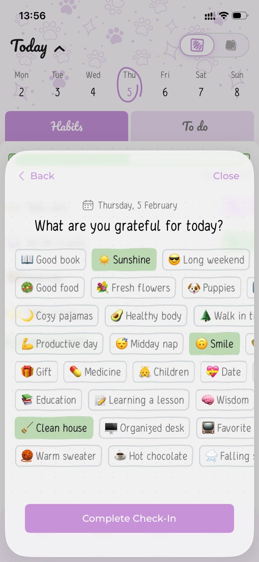Hizo gratitude screen asking “What are you grateful for today?” with selectable tags.