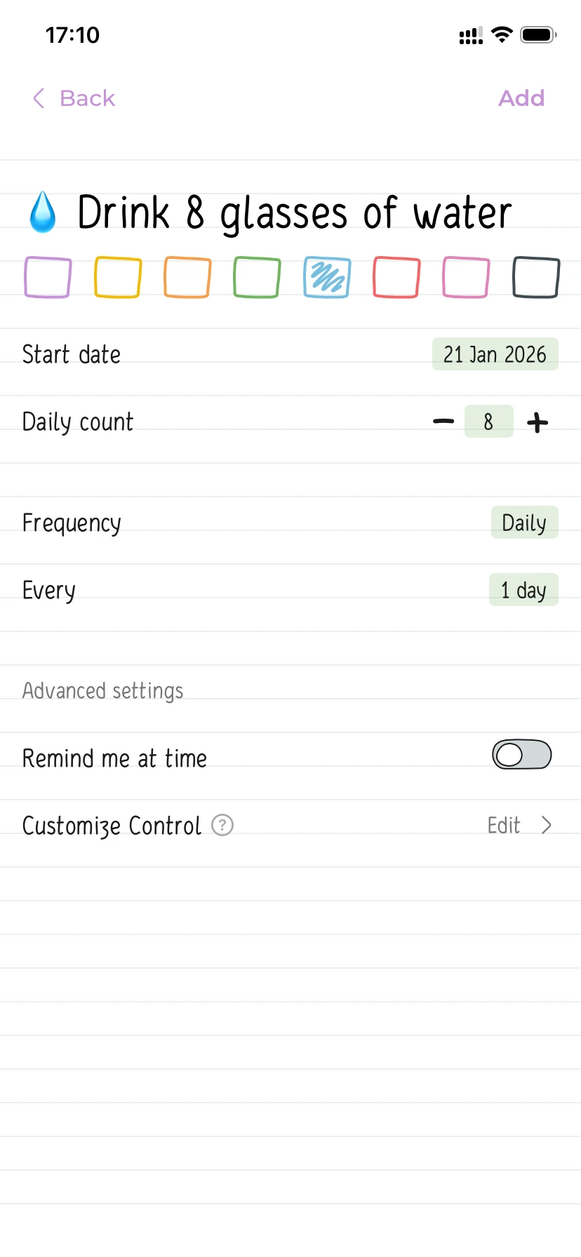 Hizo add habit screen for Drink 8 glasses of water with start date, daily counter controls, frequency settings, and reminder options.