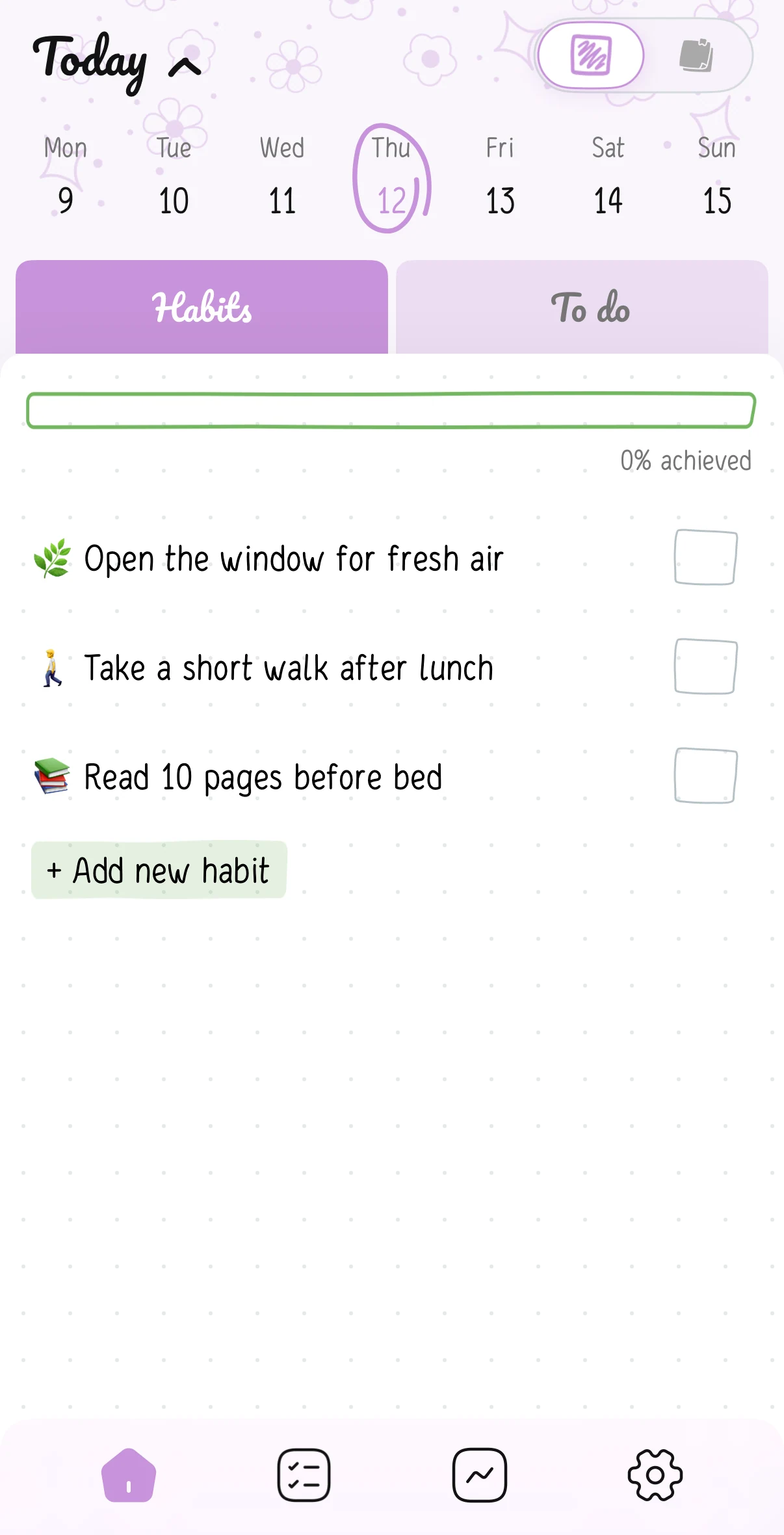Screenshots of the Hizo app with habit ideas - Option 3