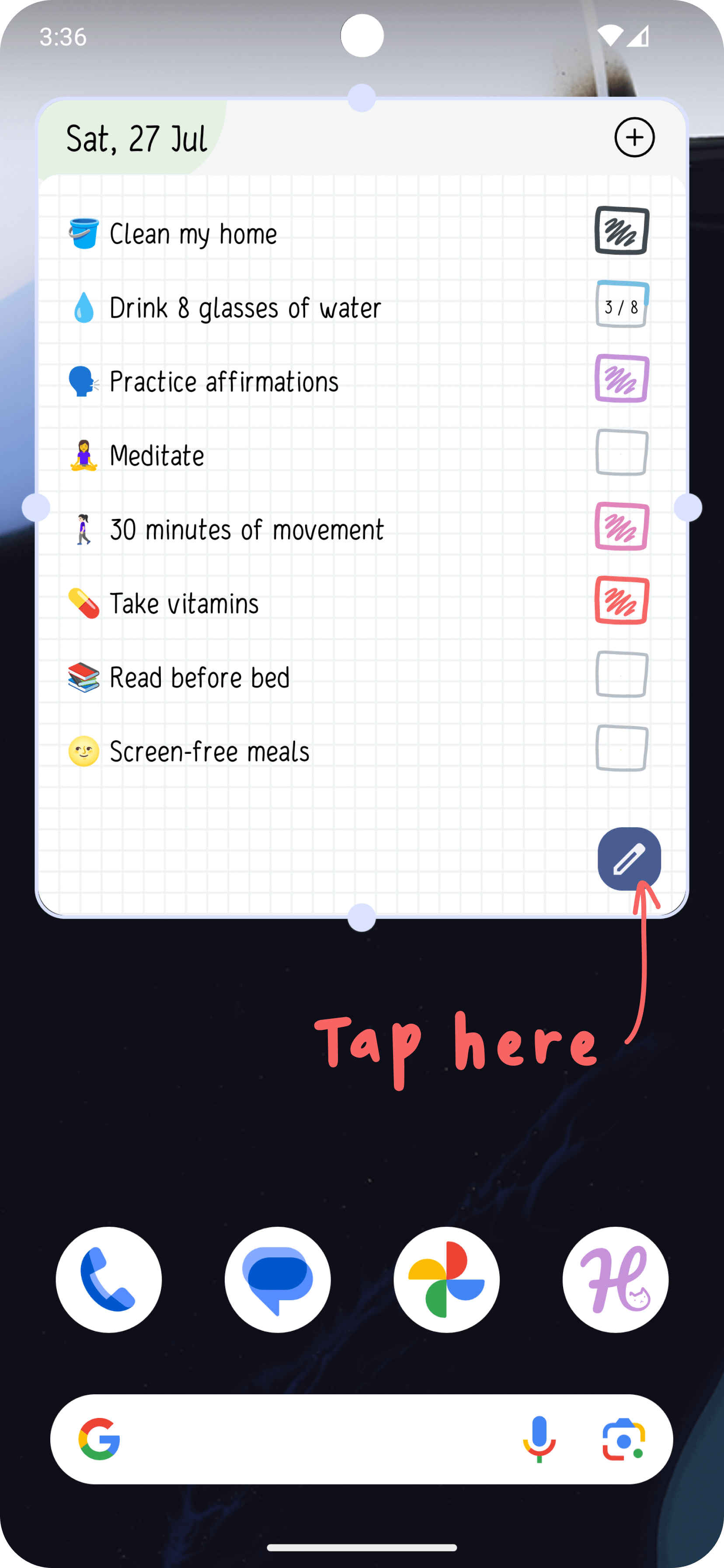 Нажмите и удерживайте палец на виджете, который хотите изменить, и нажмите на иконку «Карандаш».
